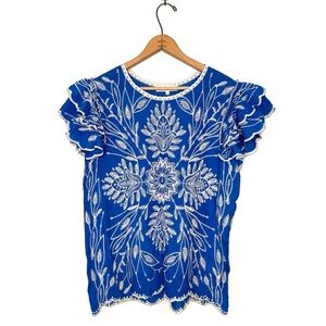 Solitaire | Royal Blue and White Embroidered Short Ruffle Sleeve Boho Top Size S